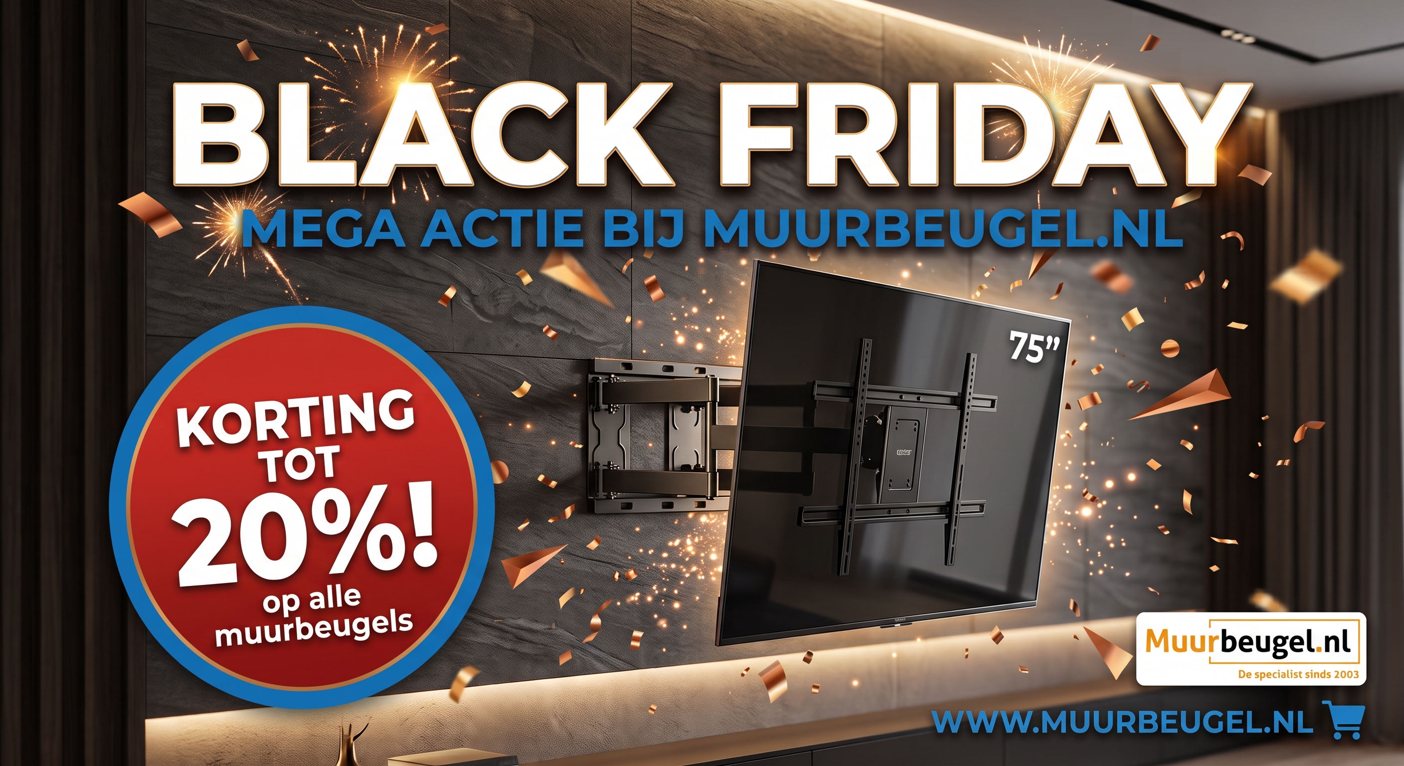 Black Friday tv muurbeugel actie: 20% korting op alle muurbeugels bij Muurbeugel.nl